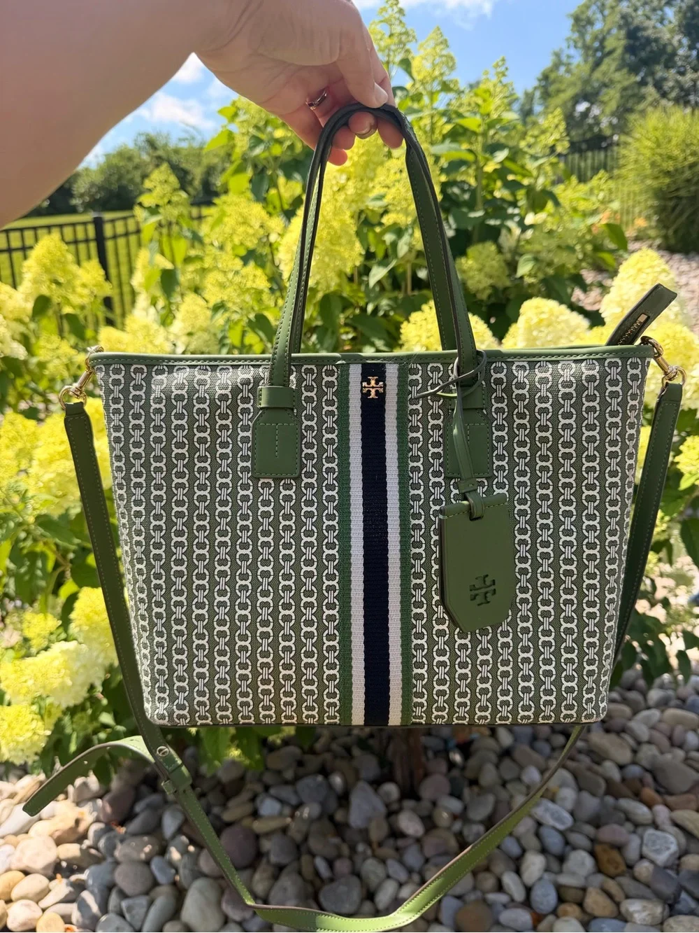 Tory Burch Green Tote Bag with Chain-Patterned Canvas and Stripe Detail.